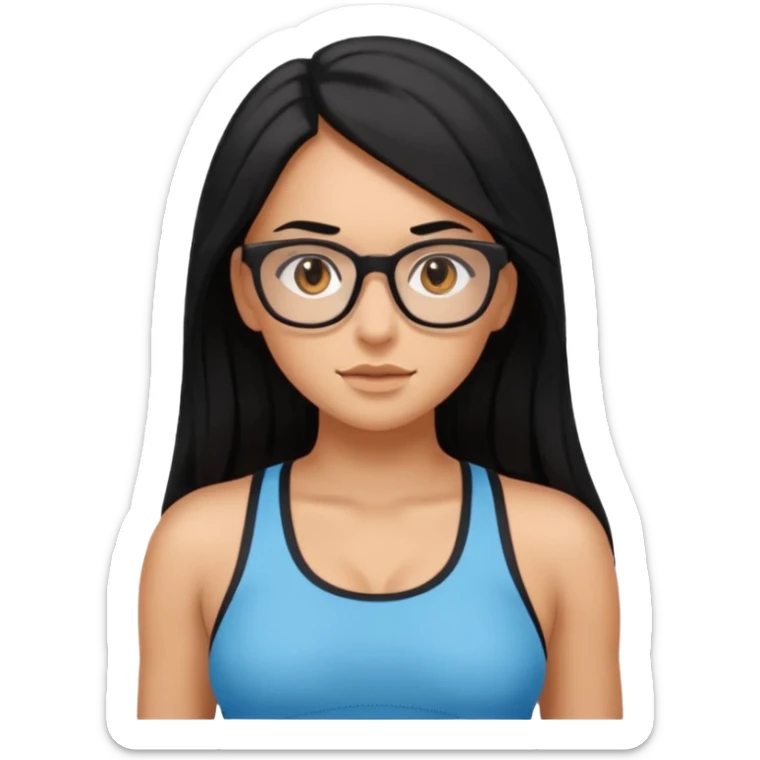 girl with long black hair, brown eyes, medium size breasts, wearing glasses and working out in the gym sticker