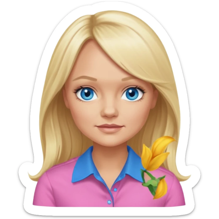 Emma Bunton with long blonde hair, blue eyes, pink shirt sticker