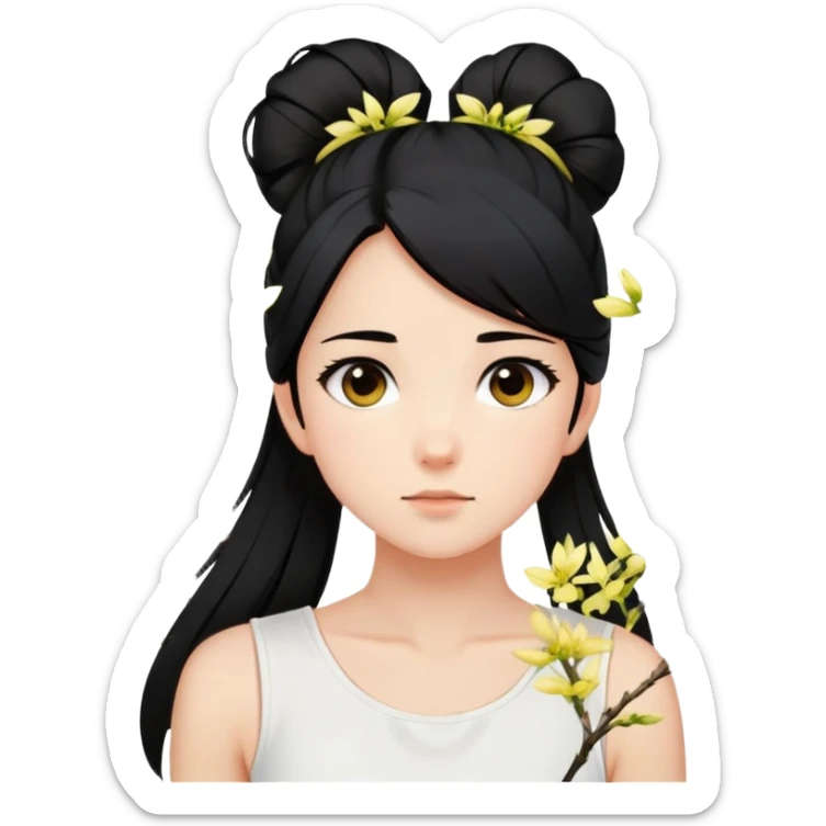 A girl with a high ponytail, a black hair tie, and a sleeveless white top, surrounded by blooming forsythias. sticker
