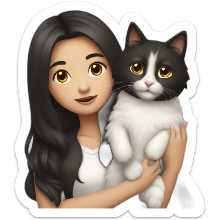 A girl with long dark hair and a white fluffy cat on her right shoulder sticker