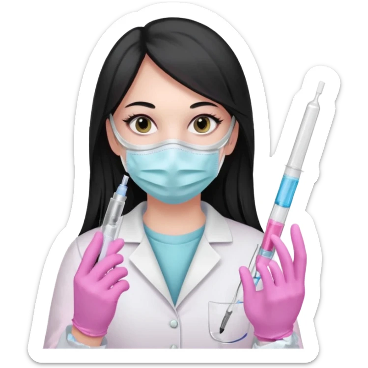 laboratorista con guantes rosa pastel y mascarilla rosa pastel jeringa tubo laboratorio sin lentes pelo lacio negro y largo sticker