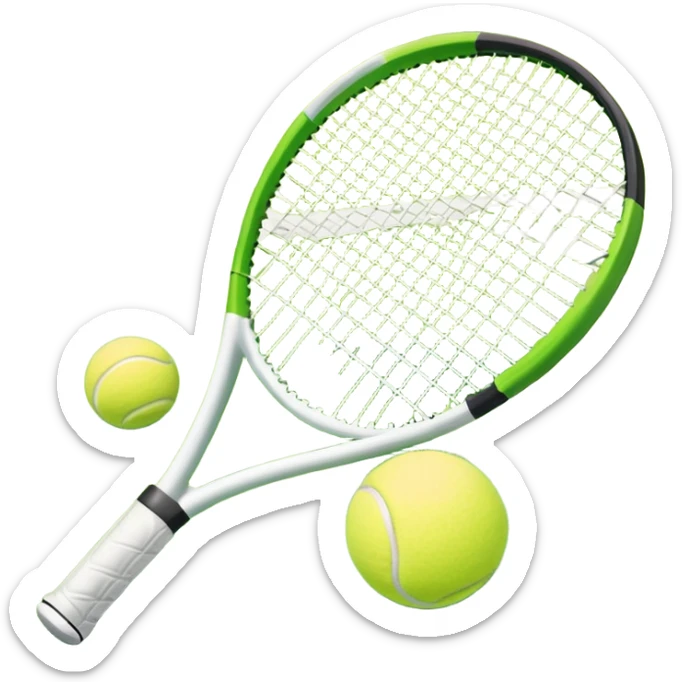 A tennis racket and a ball placed on a grassy court, with the net visible in the background. The scene captures the elegance and energy of the sport, with a vibrant green court and soft sunlight highlighting the equipment. sticker