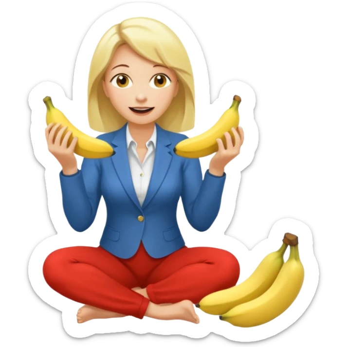 A blonde middle-aged woman kneels with two bananas in her mouth. sticker