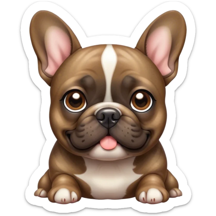 Cinematic Cute Brindle French Bulldog Portrait Emoji, Head tilted playfully and inquisitively, featuring a glossy brindle coat with a smooth texture and delicate fawn highlights, round, sparkling dark eyes filled with curiosity, Simplified yet irresistibly adorable features, highly detailed, glowing with a warm, friendly glow, high shine, affectionate and lively, stylized with a touch of whimsy, bright and endearing, soft glowing outline, capturing the essence of a mischievous yet loving companion, so playful it feels like it could prance out of the screen and into your arms! sticker