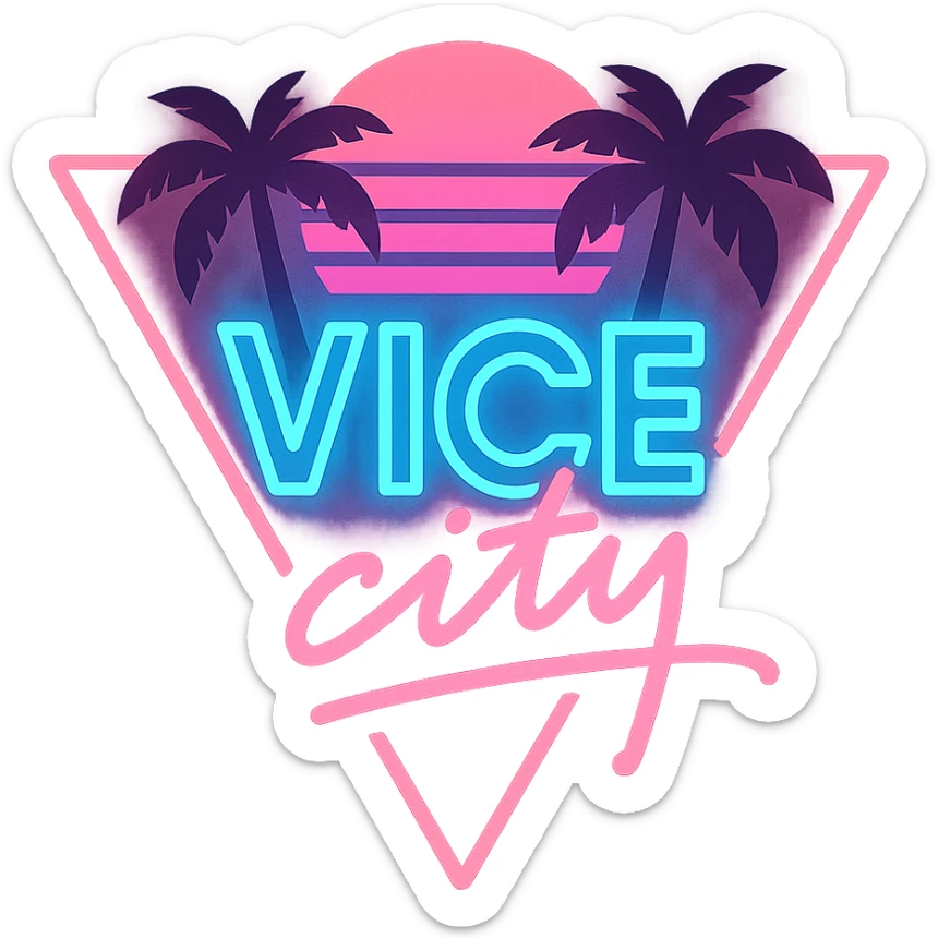 Vice City style logo, neon light pink and blue, 80s retro, palm silhouettes, glowing effect sticker