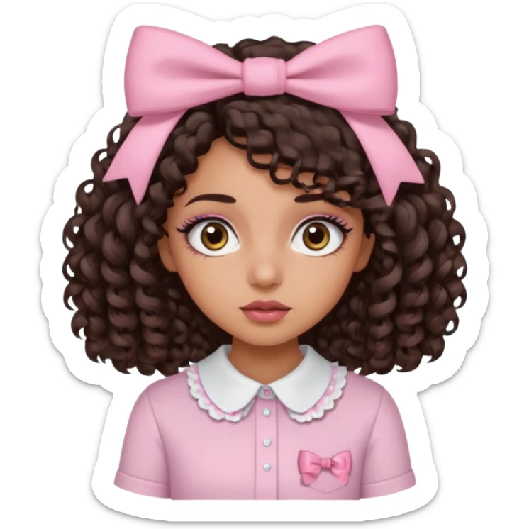 Do a Curly haired girl with dark brown hair, brown eyes, medium tan skin, big eyes and big lashes, with thin lips and add a shirt with a bow sticker