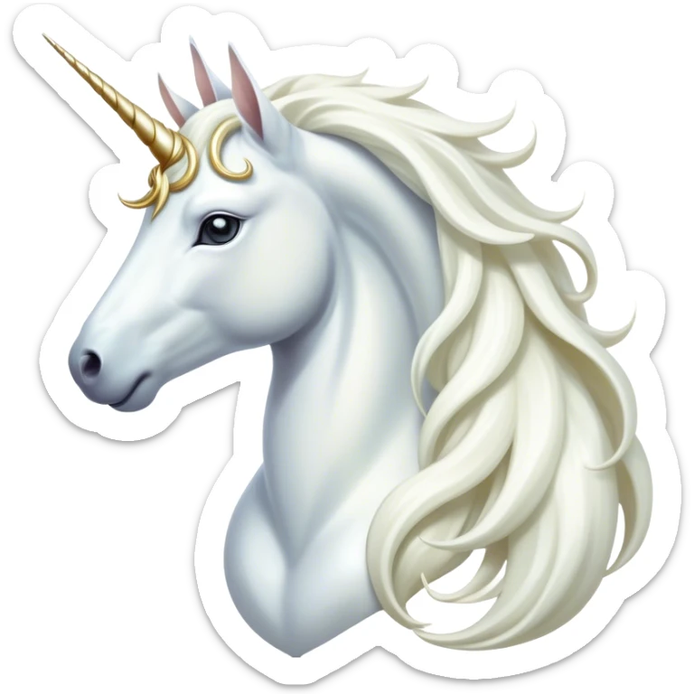 Cinematic Noble White Unicorn Portrait Emoji, Poised and regal, with a slender, ethereal form draped in a pristine white color, a flowing mane and tail, and a glistening, spiraled horn that radiates pure light, Simplified yet sharp and sophisticated features, highly detailed, glowing with a soft, iridescent luminescence, high shine, intelligent and transcendent, stylized with an air of mythical enchantment, focused and serene, soft glowing outline, capturing the essence of a watchful and confident white unicorn that appears ready to prance out of the screen with magical grace! sticker