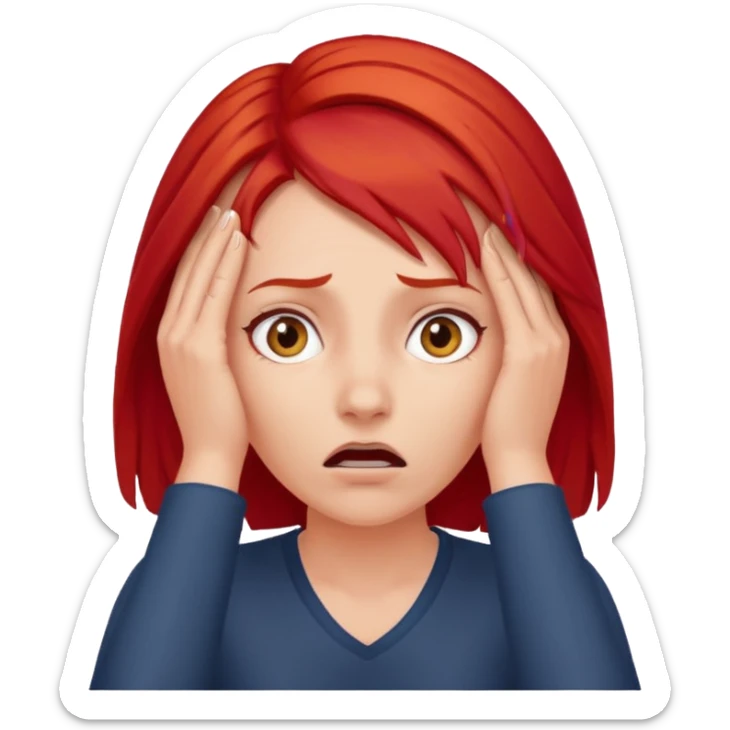 A realistic waist-up portrait of a frightened woman with her hands on her head and red hair sticker