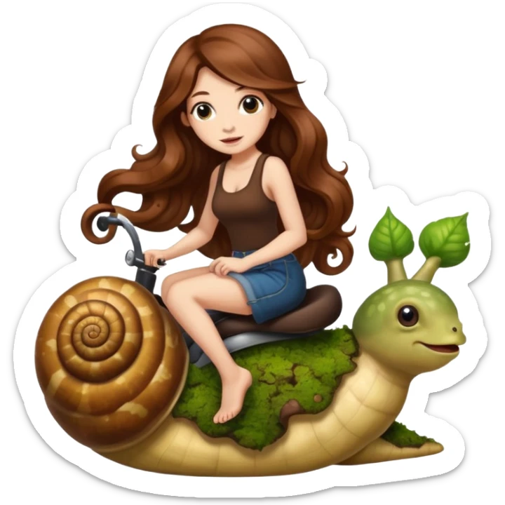cute woman long wavy brown hair tattoos riding moss snail sticker