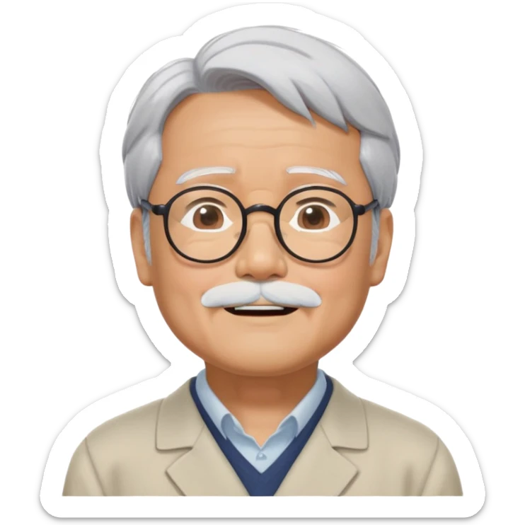_cinematic-realistic-portrait-of-hayao-miyazaki,-depicted-with--large-rectangular-glasses,-his-happy-expression-rendered-in-lifelike-detail,-illuminated-with-soft,-realistic-lighting-that-emphasizes-his-creative-genius, his eyes closed  sticker