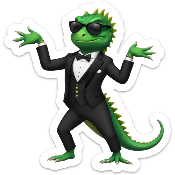 capitalist iguana banker in tuxedo and black sunglasses dancing crazy sticker