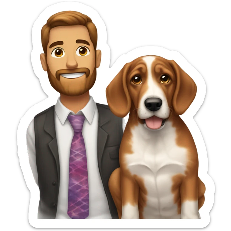 White male with short dark brown hair and reddish brown beard wearing a tie-dyed shirt holding one mostly brown Bassett hound female puppy  sticker