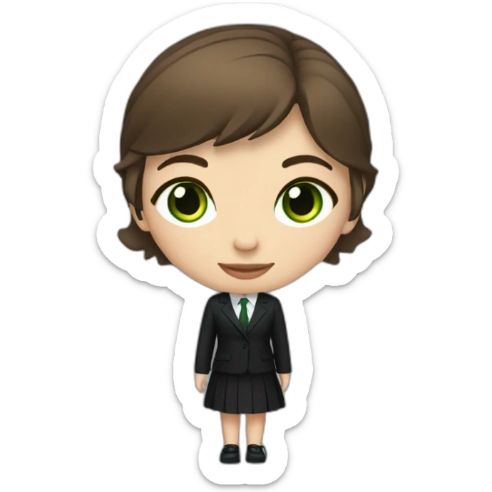 a girl with short brown hair and green eyes and a black suit and black pants with blue shoes sticker