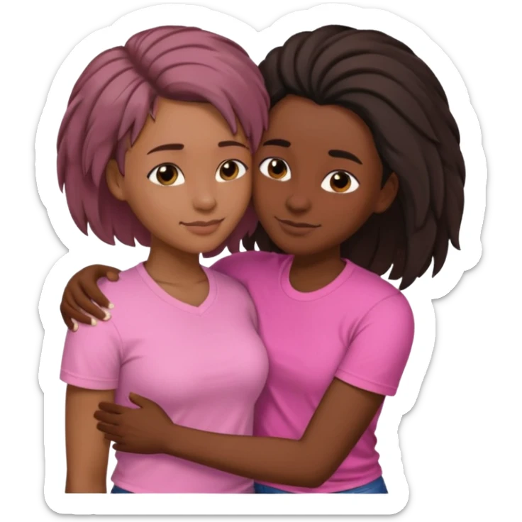 Black lesbian couple with one dark skin masculine with short hair low cut fade with a t shirt and one feminine with very long hair in a pink blouse hugging  sticker