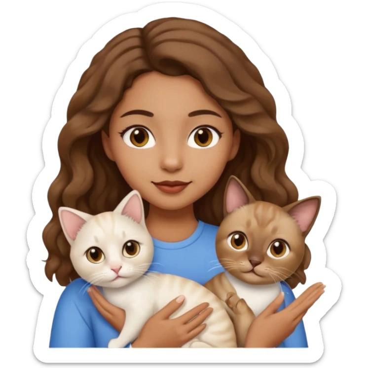 brown girl with brown eyes, wavy hair, holding a siamese cat and a white cat, emoji style sticker