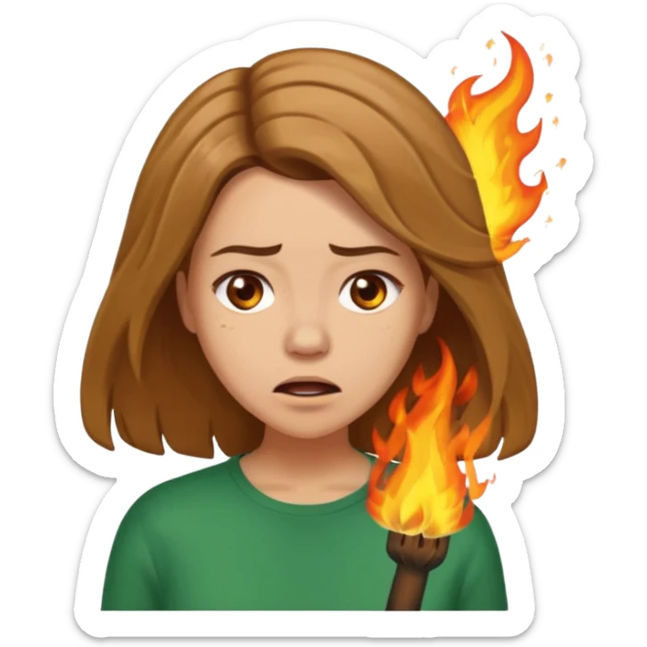 Woman with hair on fire looking stressed and panicked with brown shoulder length hair—longer hair please and light skin—an Irish gal sticker