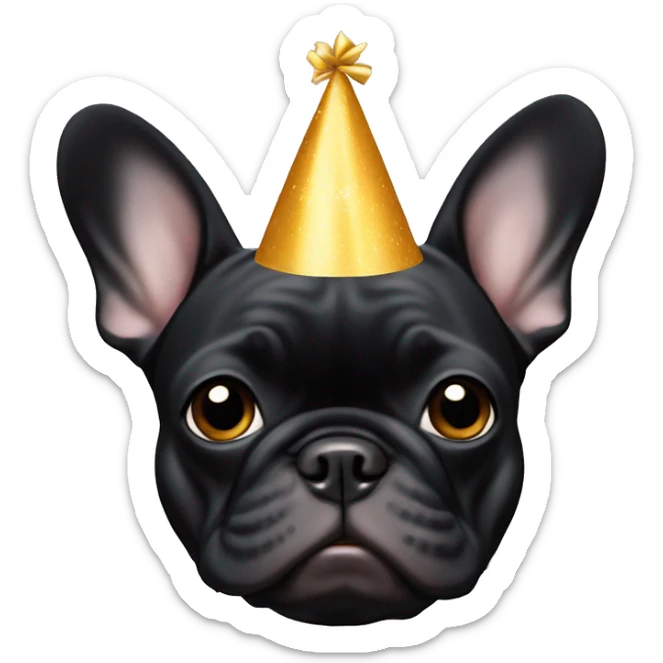 an all-black French bulldog with a white breast in a birthday cap sticker