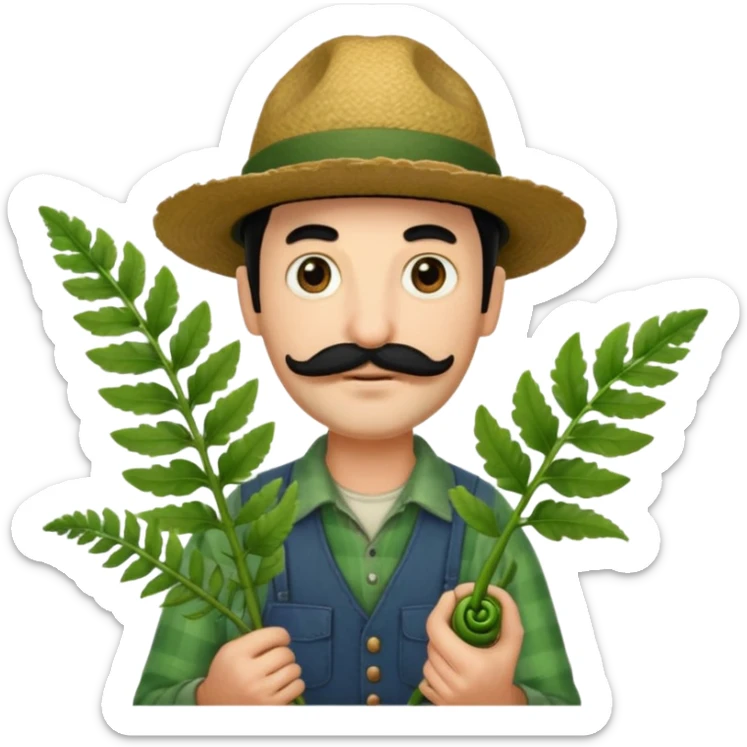 farmer emoji with a hat, black hair, moustache, and light beard, holding a single large fiddlehead fern, based on the attached reference photo sticker