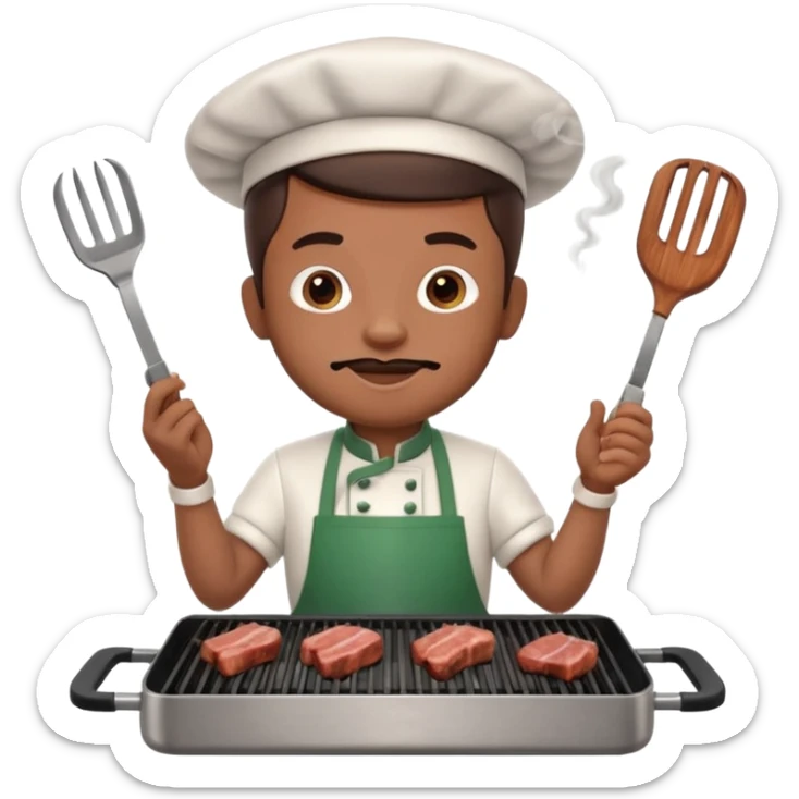 A 3D cartoon cook flipping meat on a grill with tongs, gentle smoke effect, Memoji-style lighting. sticker