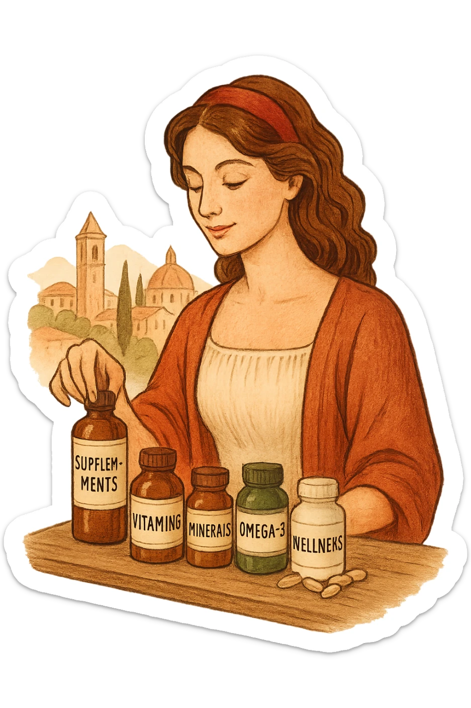 Donna che sta scegliendo integrazione per il suo benessere in italiano sticker