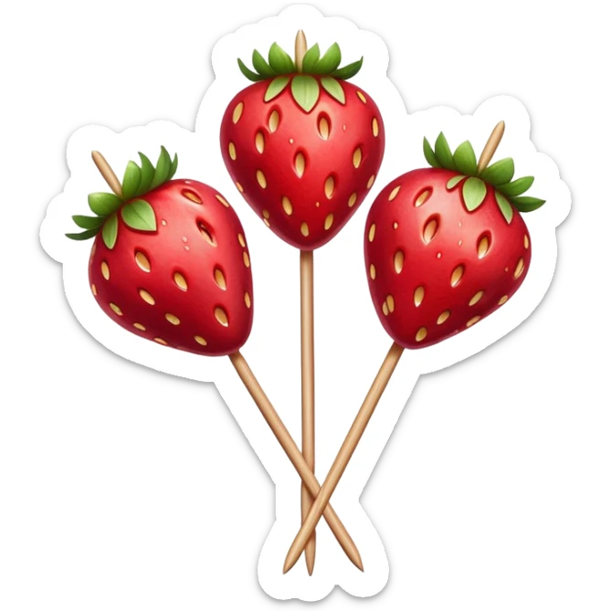 three strawberries on a wooden skewer coated in shiny sugar glaze sticker