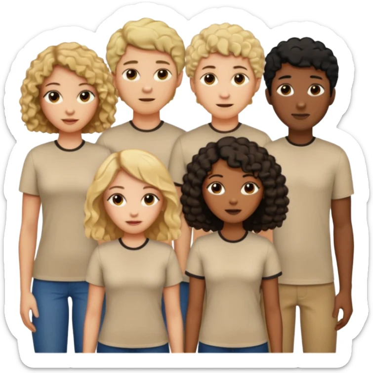 group of people  together ; men and women with brown, blonde, black hair- short hair, long hair and curly hairr wearing beige shirts aesthetic no collar, brown people, white people, black people sticker