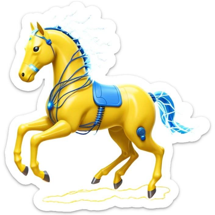 yellow fast electric horse made of electricity, bolts, visible yellow wires, lightning, blue electricity accents, dynamic running pose sticker