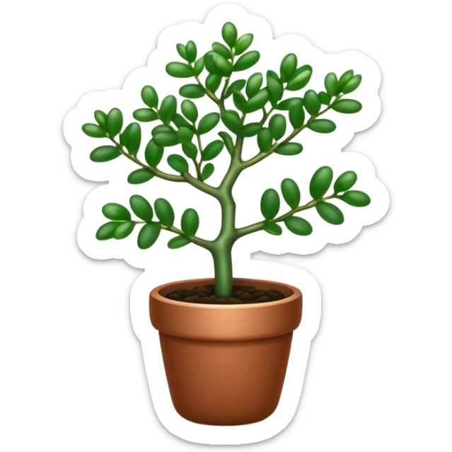 Cinematic Realistic Jade Plant Emoji, Thick and glossy, with dark green, round leaves that shine under the light. The sturdy stems and vibrant foliage give a sense of prosperity and tranquility. Soft glowing outline, capturing the essence of good luck, growth, and natural elegance in a flourishing jade plant! sticker