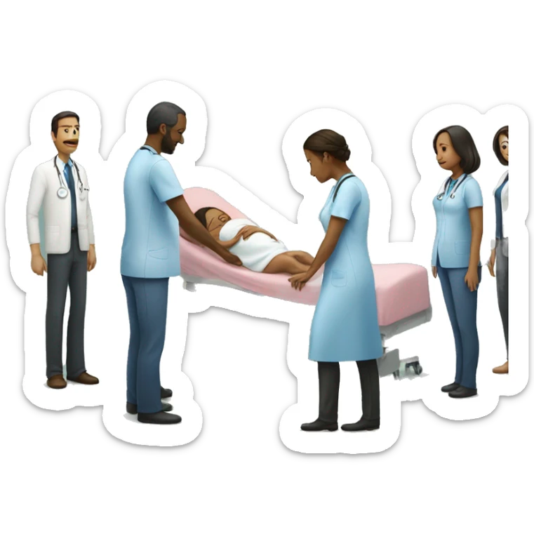 a woman gives birth and doctors stand nearby sticker