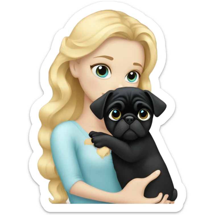 Girl with wavy blonde hair and blue eyes, kissing a black pug sticker