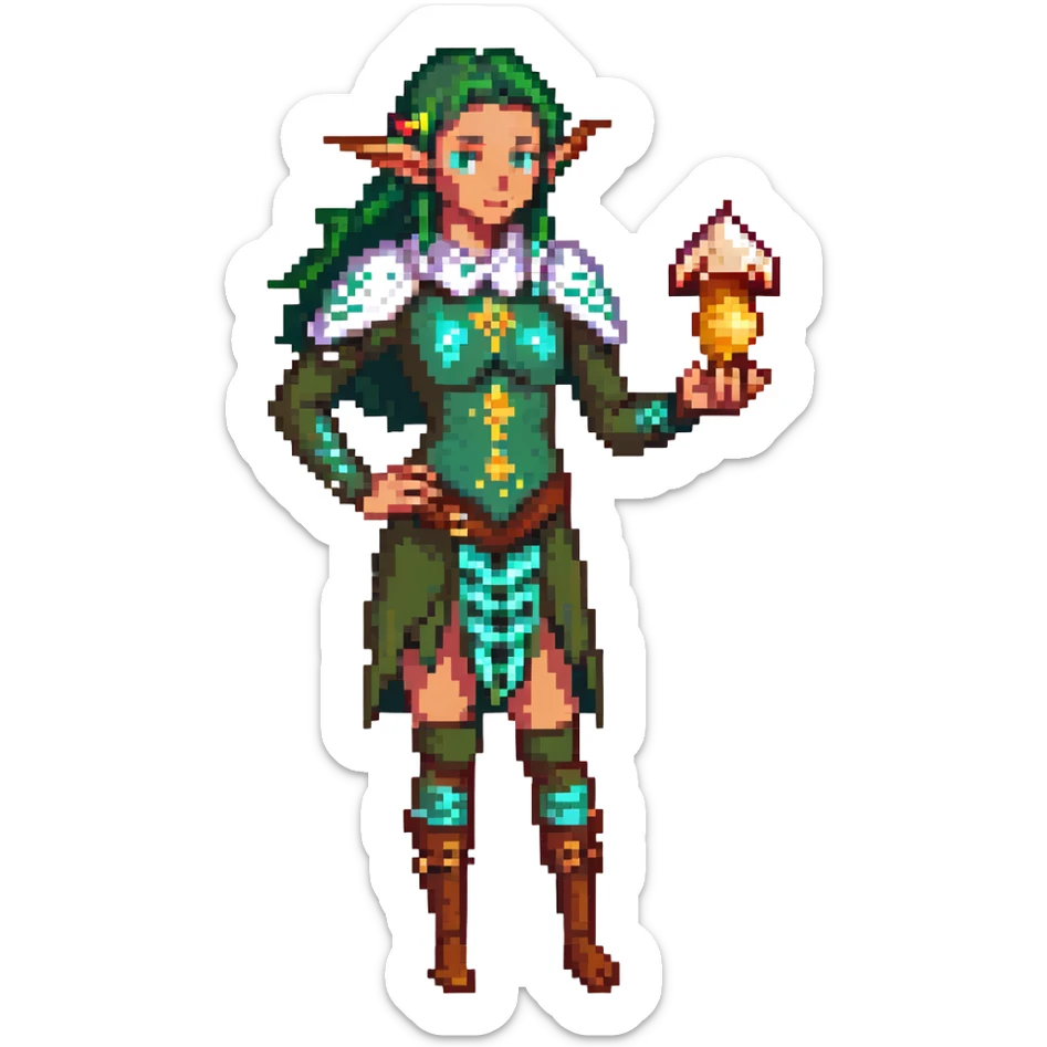 elf female Short wetsuit-style garb, glowing runes on skin, holding a conch horn. sticker