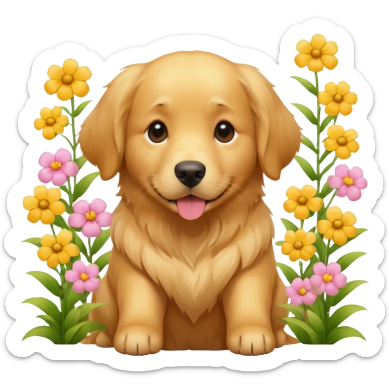 A Golden Retriever sitting in a blooming flower garden, sunlight highlighting its shiny golden fur. Gentle expression, realistic photography, warm color tones. sticker