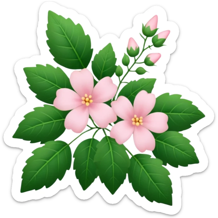 Aesthetic flowers and plants growing from the ground in colours of soft pink matching the deep green leaves (to describe/match with the word flourish) more of a wild bush or vine  sticker