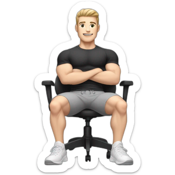 Pale skinned Fit Man With the biceps and dark brown hair in black shirt, gray sports shorts and white Sneakers Sitting on a chair sticker