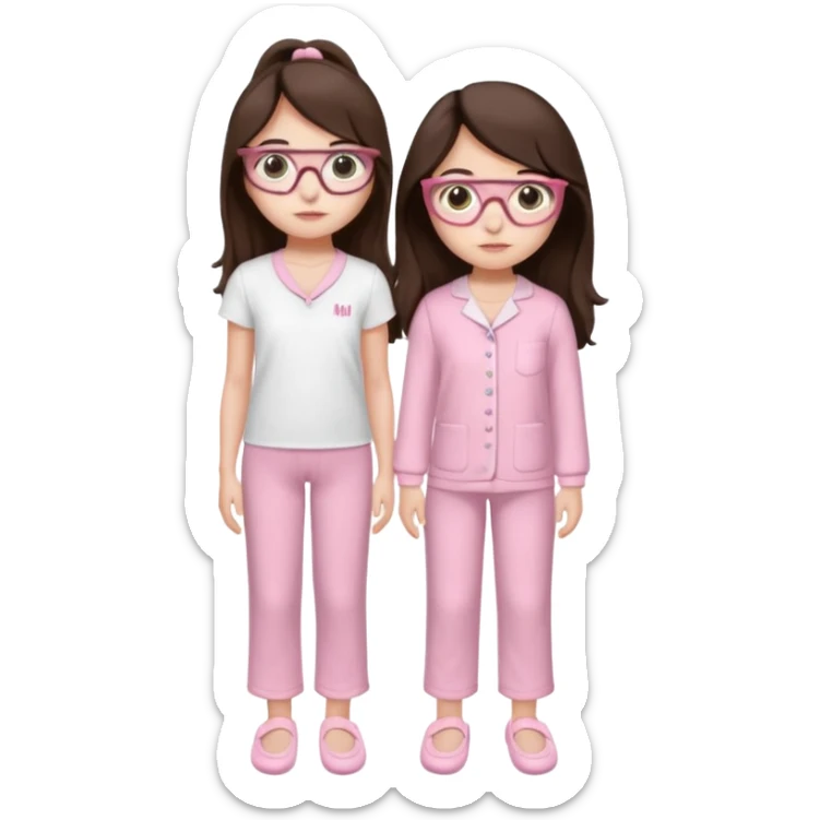 Girl age 20 years old with dark brown long hair, light skin, brown eyes, wearing a miu miu glasses the brown ones, and wearing a top in white with a pair of pyjama pants in pink and it's mocked in light pink too and a slipper in white and she looks pretty  sticker