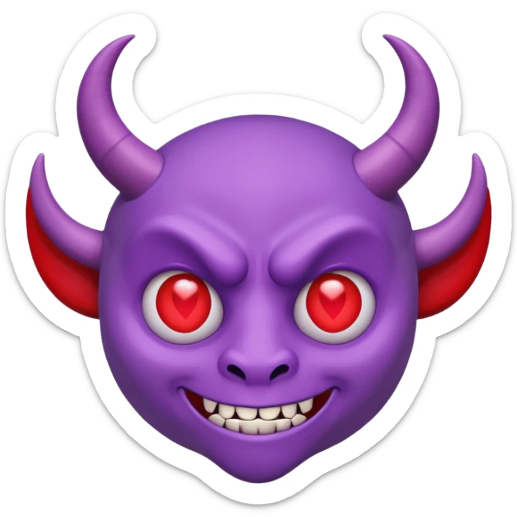 Purple demon emoji with red hearts for eyes,, circular head with horns sticker