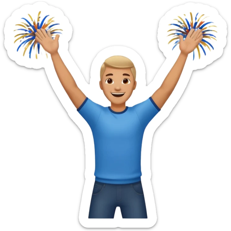 hombre sonriendo saltando con los brazos hacia arriba saltando, con fuegos artificiales, confites volando, sticker