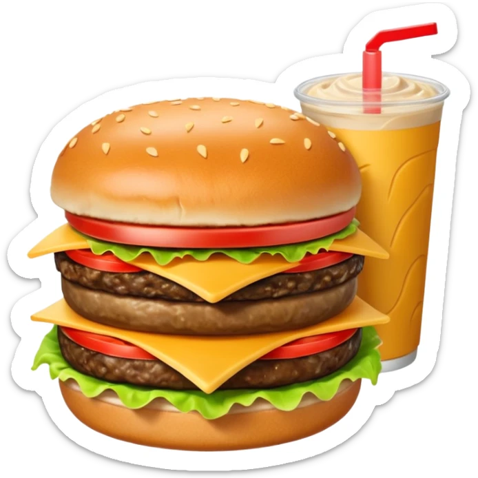 Crea una escena que contenga el mega combo: una hamburguesa, un frappé y papas fritas sticker