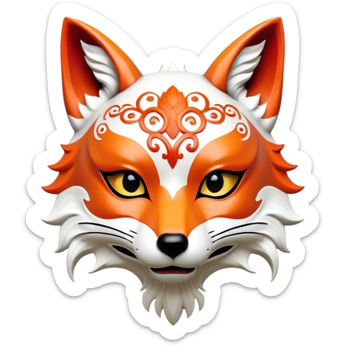 ​Cinematic Realistic Japanese Kitsune Mask, depicted as an intricately carved fox mask with flowing, delicate features and vivid traditional patterns, its mysterious eyes set against a softly blurred background that emphasizes its mystical allure and cultural significance, rendered with detailed textures and refined lighting, sticker