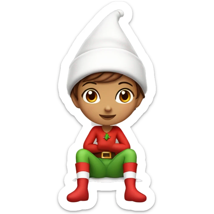 Girl with  brown short hair in red elf hat in a sitting position holding her knees ￼ sticker