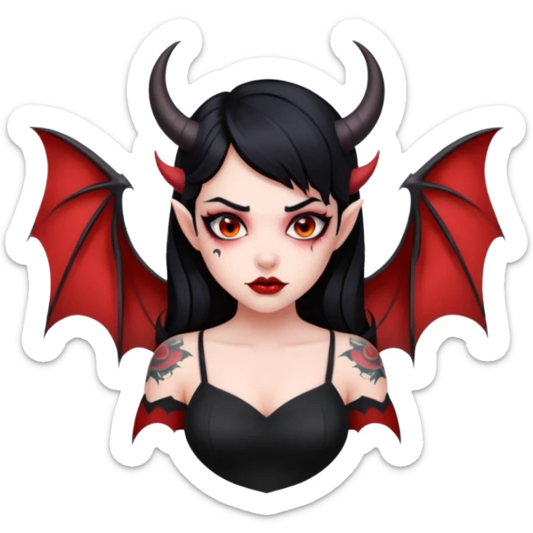 Demon girl, entire skin solid red, black hair, horns, bat wing, black dress, tattoo-flash comic. sticker