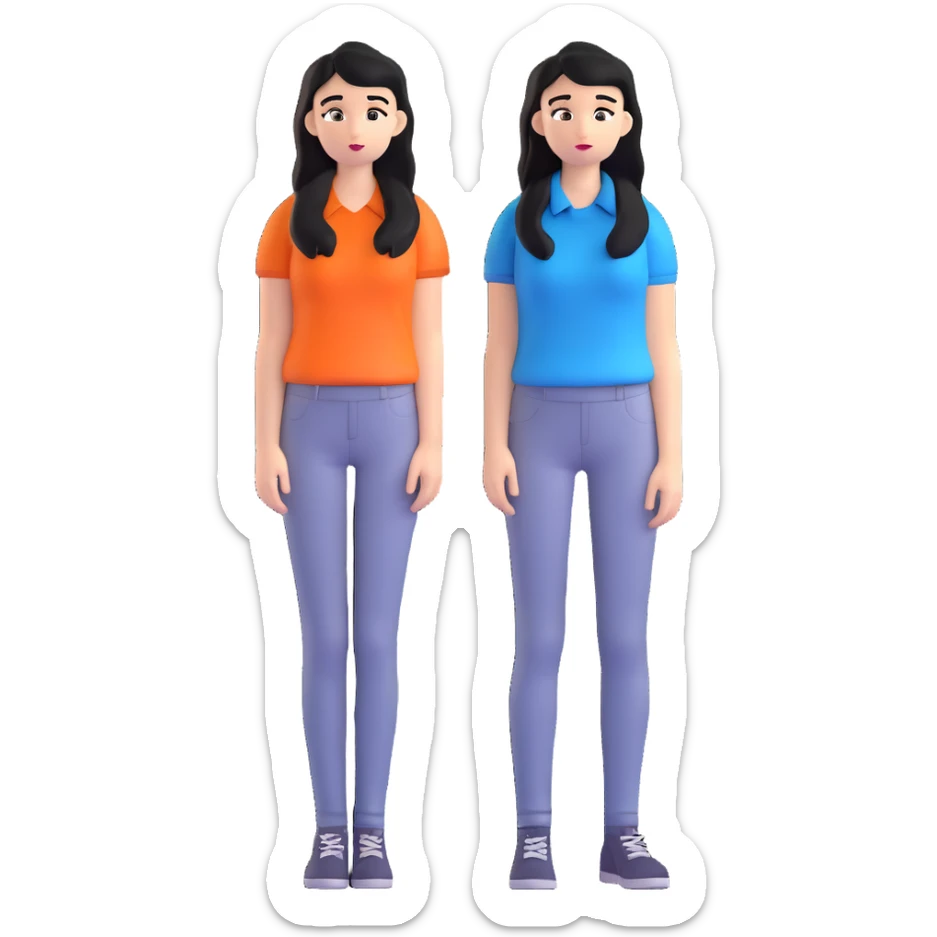 teenager girl with black long hair and blue shirt sticker