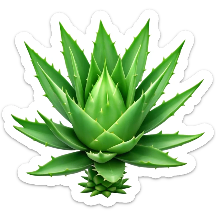Cinematic Realistic Aloe Vera Emoji, Plump and succulent, with thick, fleshy leaves arranged in a star-like rosette. The vibrant green leaves have a slightly spiky texture, exuding a sense of resilience and healing. Soft glowing outline, capturing the essence of natural wellness and desert vitality in a flourishing aloe vera plant! sticker