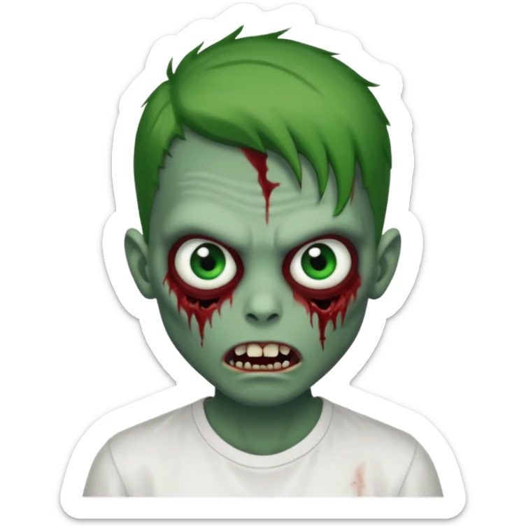 zombie boy with outgrown hair and wearing a white shirt with green prominent eyes and an evil mouth either open, red skin sticker