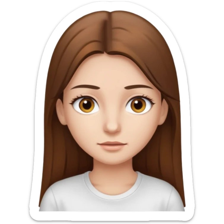 Chica de pelo liso ,largo y marrón con ojos color marrón claro y una camiseta blanca y la piel blanca con pestañas sticker