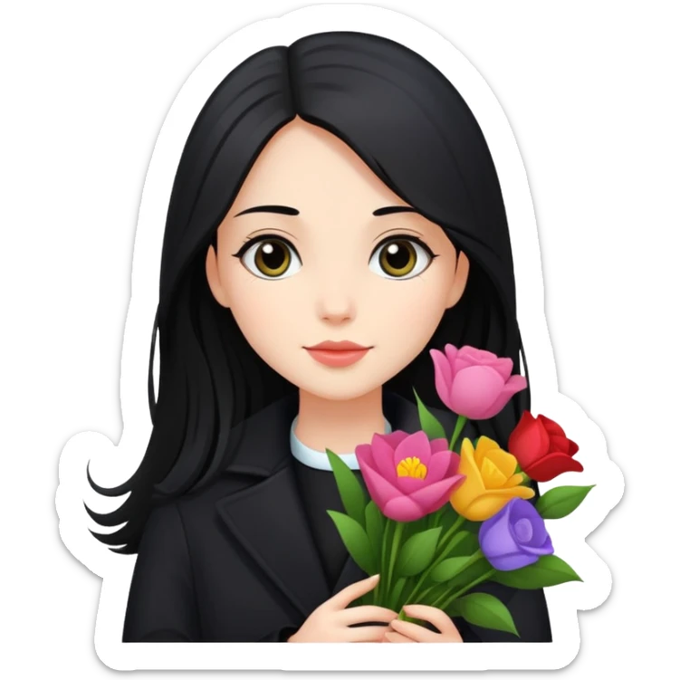 beautiful girl with long black hair wearing a black coat holding a bouquet of flowers sticker