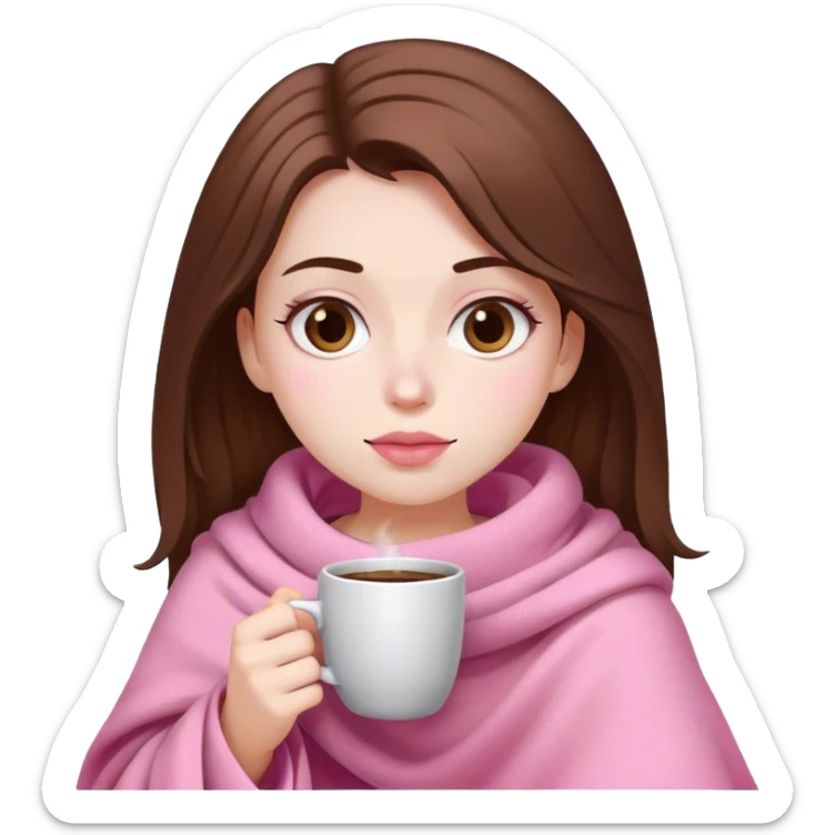 white brown hair pretty girl in a pink blanket sipping coffee sticker