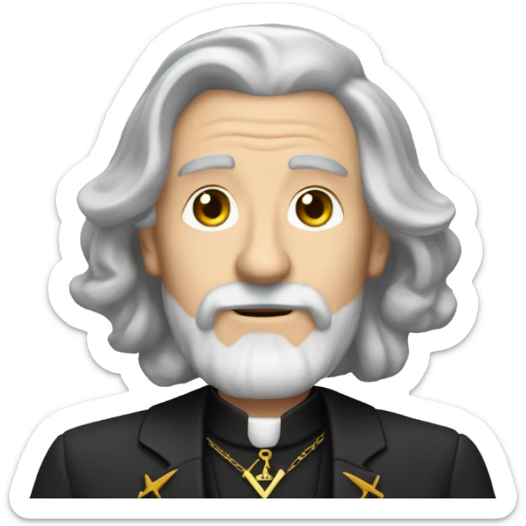 60 year old Caucasian male with grey hair and a grey goatee beard wearing a black dinner suit with a Masonic emblem. sticker
