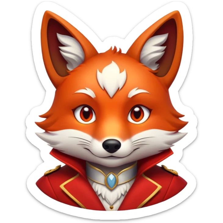 Cinematic Noble Fox Portrait Emoji, Poised and regal, with a lithe, agile build and a lush, fiery red coat accented by white markings on the chest and tip of the tail, deep-set soulful amber eyes, Simplified yet sharp and sophisticated features, highly detailed, glowing with a warm, dignified glow, high shine, intelligent and cunning, stylized with an air of wild elegance, focused and attentive, soft glowing outline, capturing the essence of a watchful and confident forest wanderer, so majestic it feels as though it could dash out of the screen with effortless authority! sticker