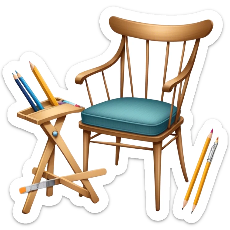 Icon for Furniture Design: a sketch of a stylish piece of furniture, like a chair or sofa, with design tools such as a ruler, pencil, and fabric swatches. The icon should represent creativity and craftsmanship in furniture design. Transparent background. sticker